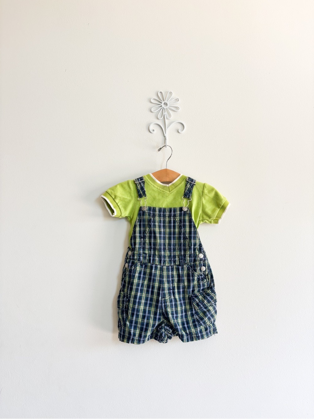 Vintage y2k plaid shortalls with lime green tee